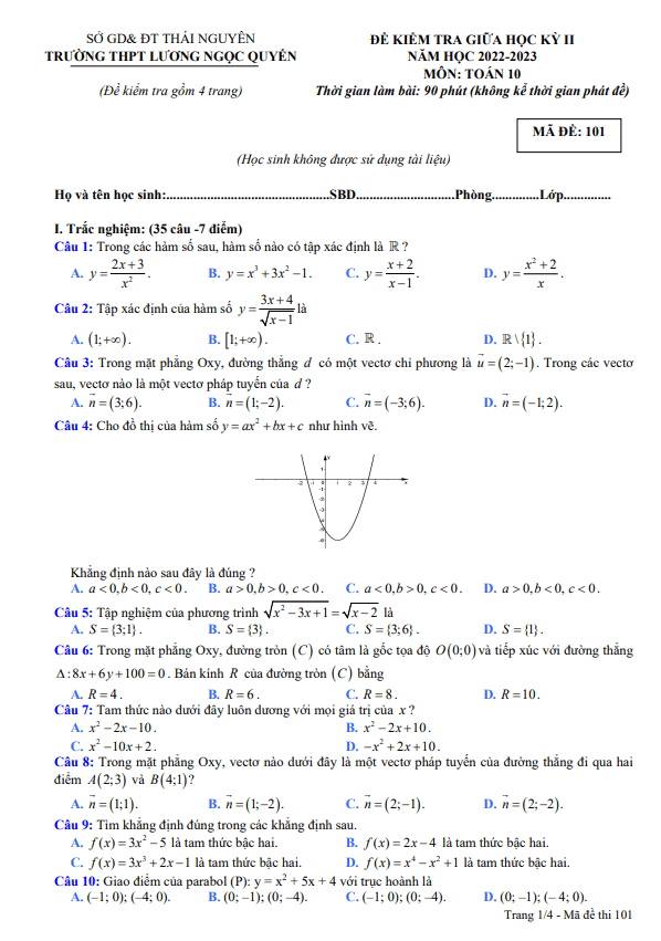 Đề giữa kỳ 2 Toán 10 năm 2022 2023 THPT Lương Ngọc Quyến Thái Nguyên