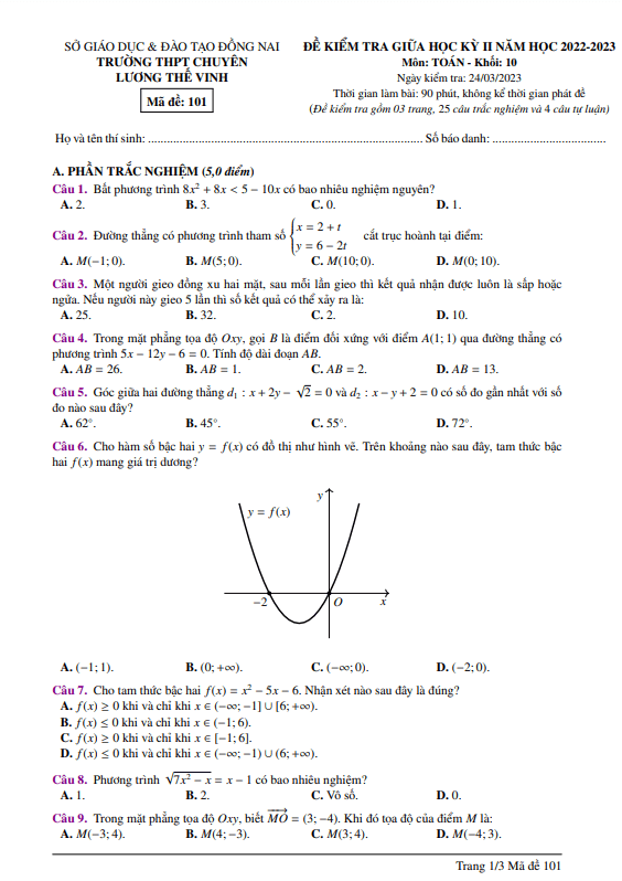 Đề giữa kỳ 2 Toán 10 năm 2022 2023 trường chuyên Lương Thế Vinh Đồng Nai
