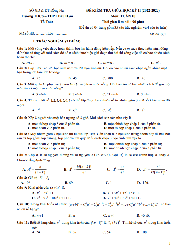 Đề giữa kỳ 2 Toán 10 năm 2022 2023 trường THCS THPT Bàu Hàm Đồng Nai