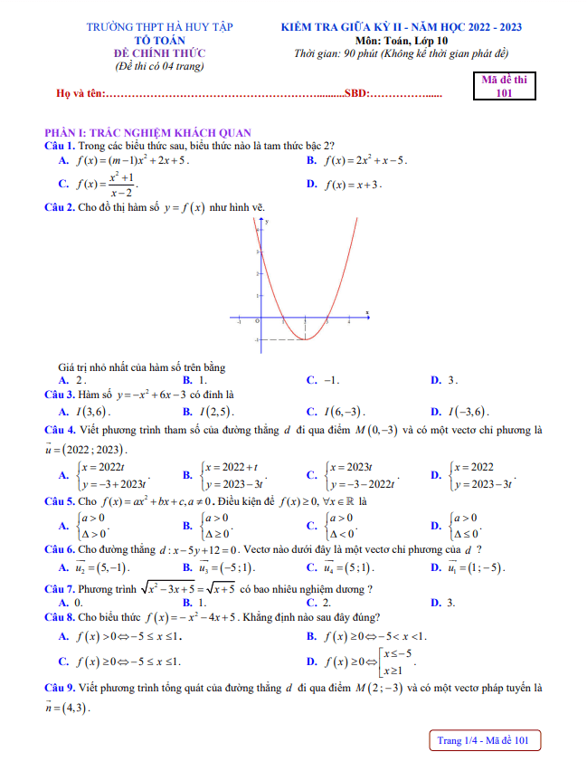 Đề giữa kỳ 2 Toán 10 năm 2022 2023 trường THPT Hà Huy Tập Nghệ An