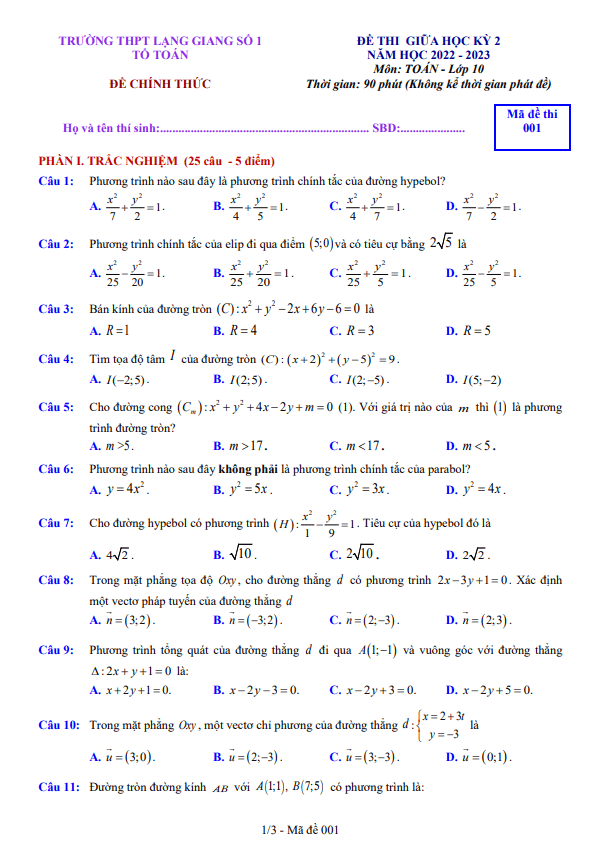 Đề giữa kỳ 2 Toán 10 năm 2022 2023 trường THPT Lạng Giang 1 Bắc Giang