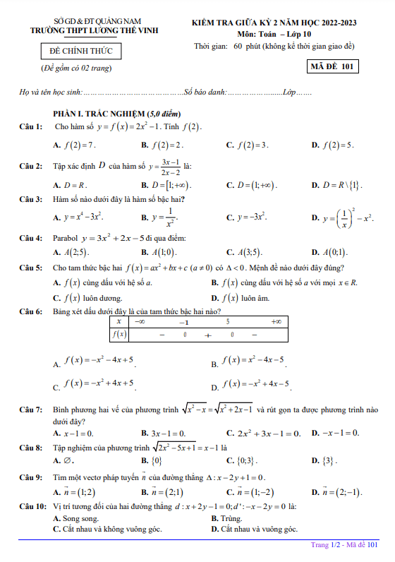 Đề giữa kỳ 2 Toán 10 năm 2022 2023 trường THPT Lương Thế Vinh Quảng Nam