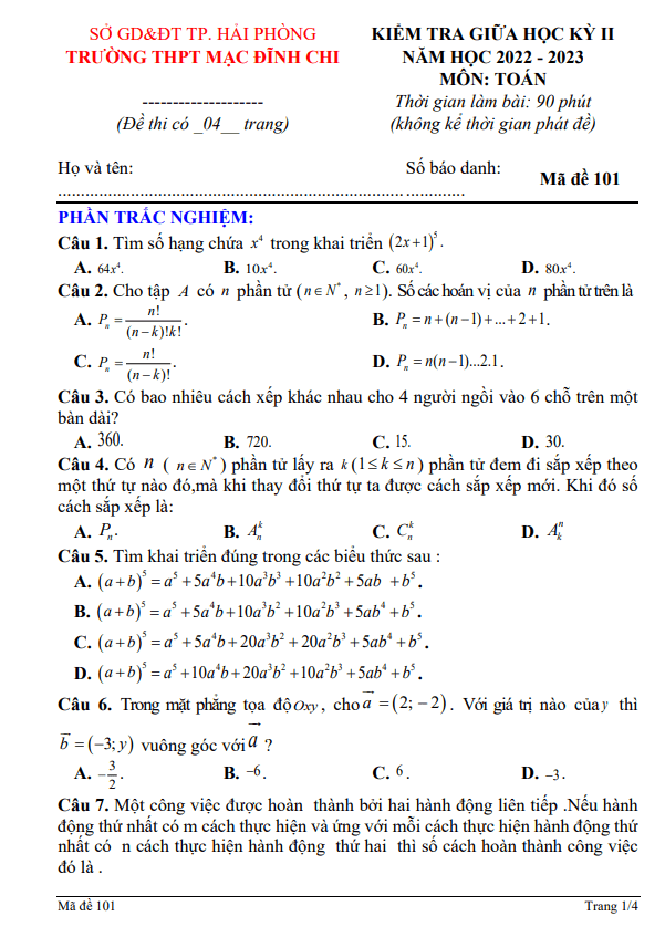 Đề giữa kỳ 2 Toán 10 năm 2022 2023 trường THPT Mạc Đĩnh Chi Hải Phòng