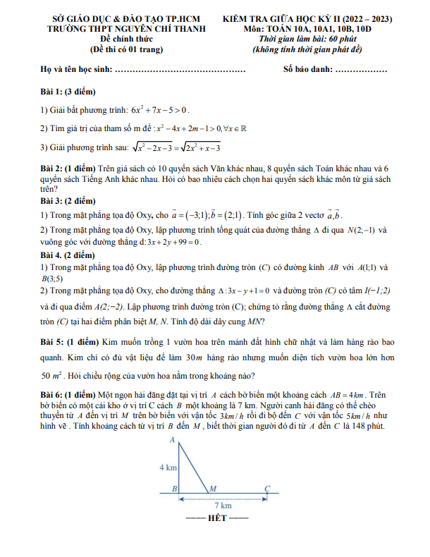 Đề giữa kỳ 2 Toán 10 năm 2022 2023 trường THPT Nguyễn Chí Thanh TP HCM