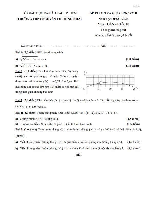 Đề giữa kỳ 2 Toán 10 năm 2022 2023 trường THPT Nguyễn Thị Minh Khai TP HCM