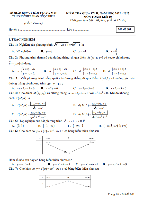 Đề giữa kỳ 2 Toán 10 năm 2022 2023 trường THPT Phan Ngọc Hiển Cà Mau