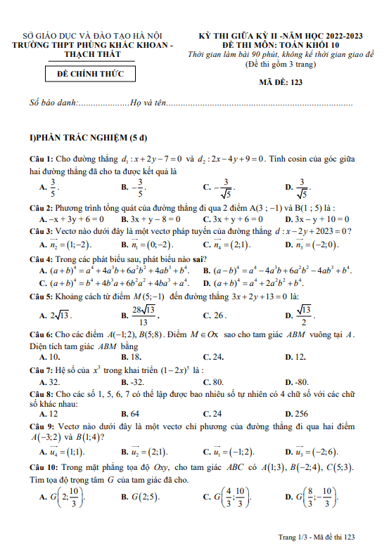 Đề giữa kỳ 2 Toán 10 năm 2022 2023 trường THPT Phùng Khắc Khoan Hà Nội