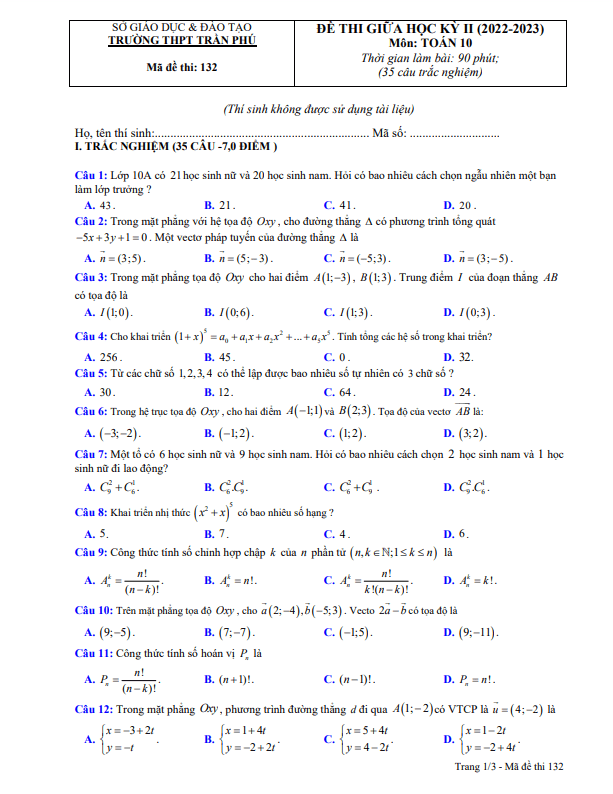 Đề giữa kỳ 2 Toán 10 năm 2022 2023 trường THPT Trần Phú Phú Yên