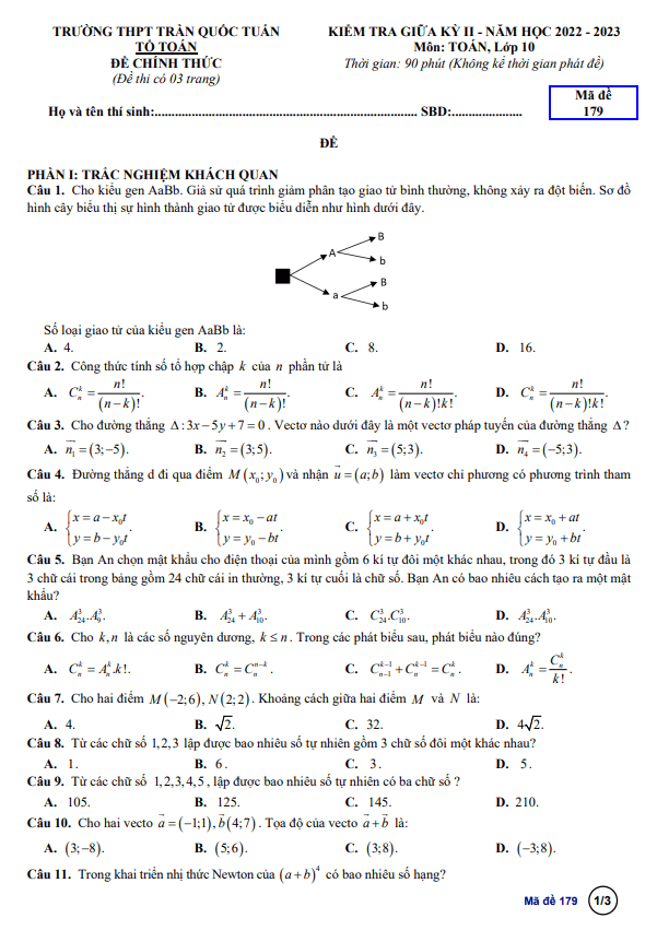 Đề giữa kỳ 2 Toán 10 năm 2022 2023 trường THPT Trần Quốc Tuấn Kon Tum