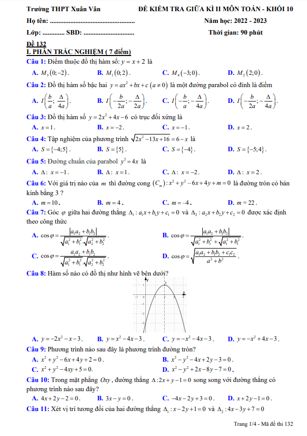 Đề giữa kỳ 2 Toán 10 năm 2022 2023 trường THPT Xuân Vân Tuyên Quang