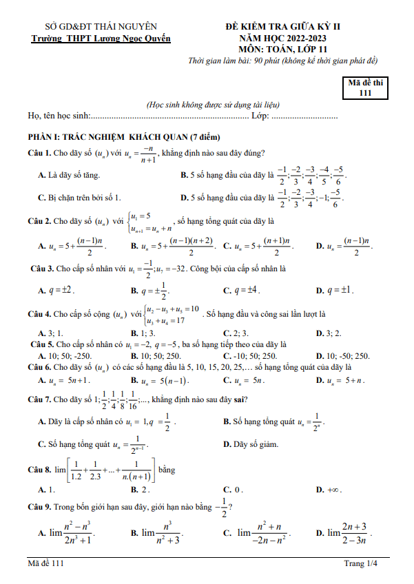 Đề giữa kỳ 2 Toán 11 năm 2022 2023 THPT Lương Ngọc Quyến Thái Nguyên