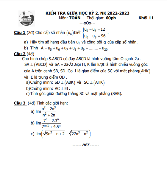 Đề giữa kỳ 2 Toán 11 năm 2022 2023 trường THPT Gia Định TP HCM