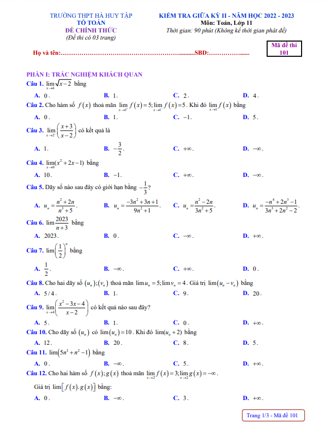 Đề giữa kỳ 2 Toán 11 năm 2022 2023 trường THPT Hà Huy Tập Nghệ An