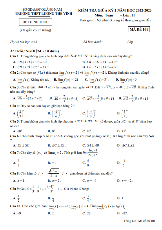Đề giữa kỳ 2 Toán 11 năm 2022 2023 trường THPT Lương Thế Vinh Quảng Nam