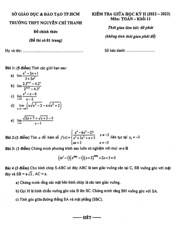 Đề giữa kỳ 2 Toán 11 năm 2022 2023 trường THPT Nguyễn Chí Thanh TP HCM