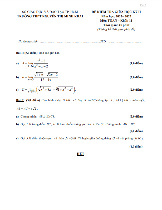 Đề giữa kỳ 2 Toán 11 năm 2022 2023 trường THPT Nguyễn Thị Minh Khai TP HCM