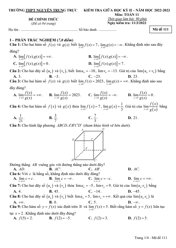 Đề giữa kỳ 2 Toán 11 năm 2022 2023 trường THPT Nguyễn Trung Trực Kiên Giang