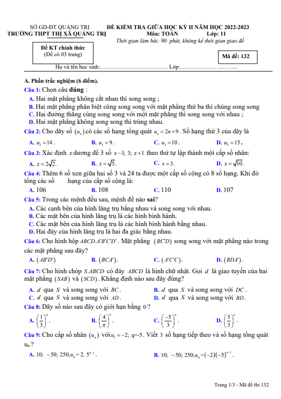 Đề giữa kỳ 2 Toán 11 năm 2022 2023 trường THPT Thị xã Quảng Trị