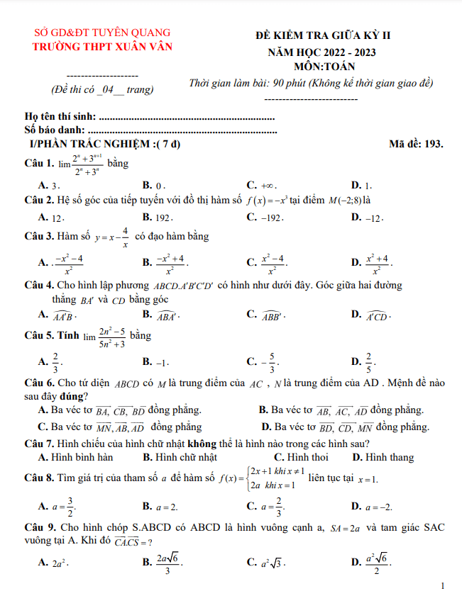 Đề giữa kỳ 2 Toán 11 năm 2022 2023 trường THPT Xuân Vân Tuyên Quang