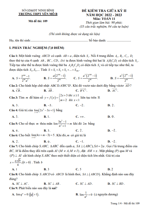 Đề giữa kỳ 2 Toán 11 năm 2022 2023 trường THPT Yên Mô B Ninh Bình