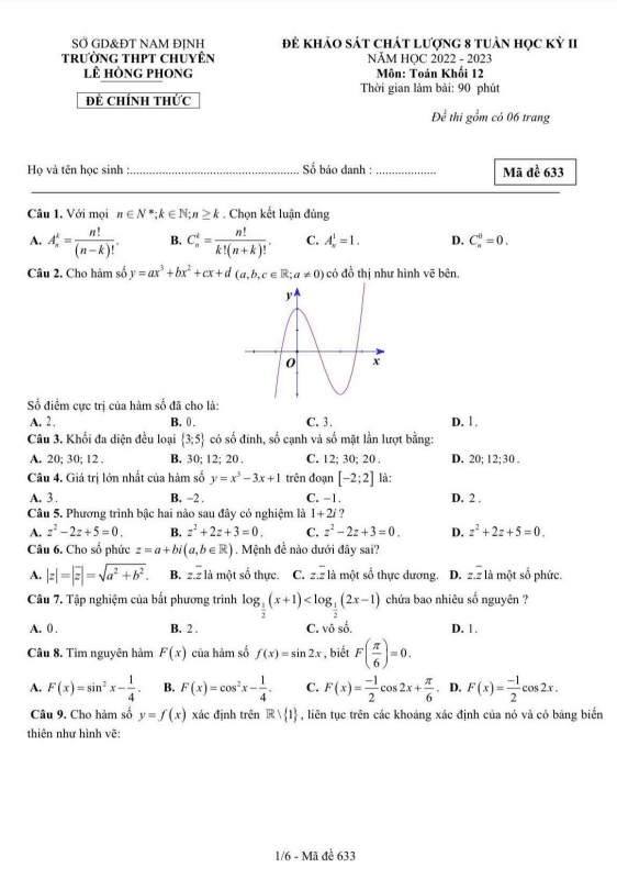 Đề giữa kỳ 2 Toán 12 năm 2022 2023 trường chuyên Lê Hồng Phong Nam Định