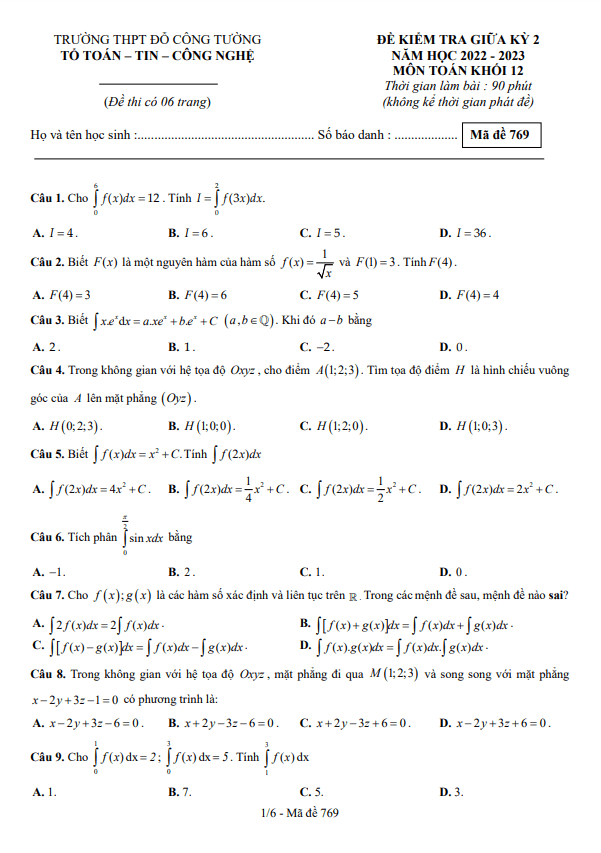 Đề giữa kỳ 2 Toán 12 năm 2022 2023 trường THPT Đỗ Công Tường Đồng Tháp