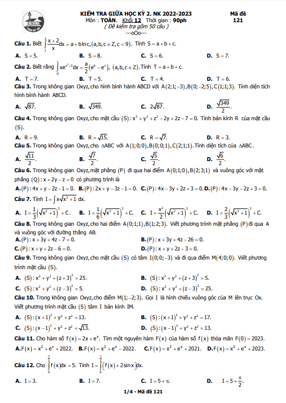 Đề giữa kỳ 2 Toán 12 năm 2022 2023 trường THPT Gia Định TP HCM