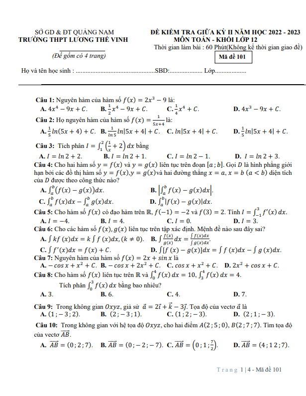 Đề giữa kỳ 2 Toán 12 năm 2022 2023 trường THPT Lương Thế Vinh Quảng Nam