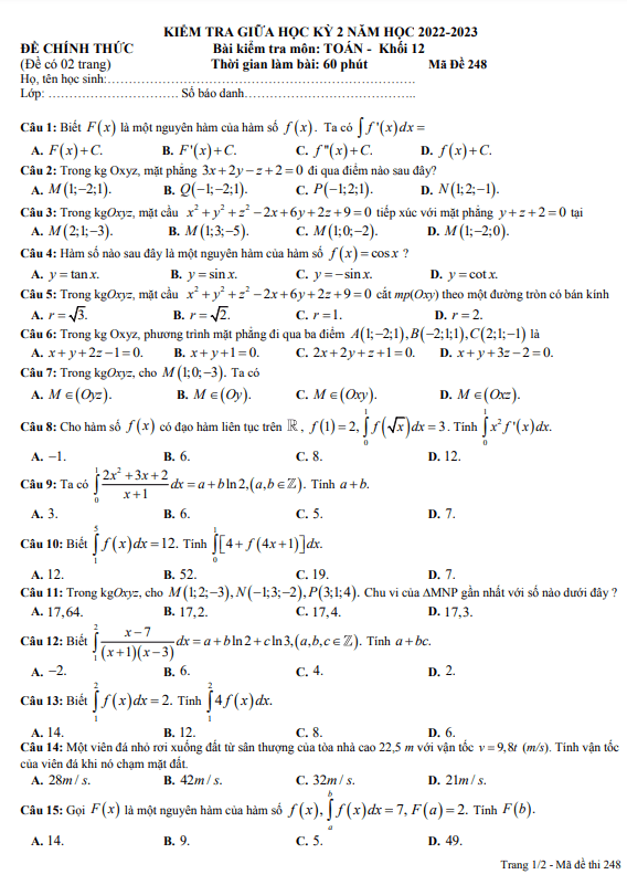Đề giữa kỳ 2 Toán 12 năm 2022 2023 trường THPT Nguyễn Tất Thành TP HCM