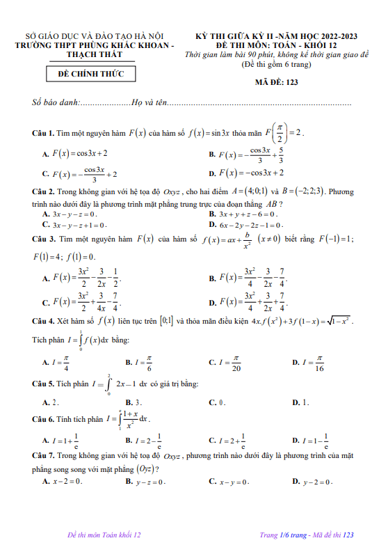 Đề giữa kỳ 2 Toán 12 năm 2022 2023 trường THPT Phùng Khắc Khoan Hà Nội