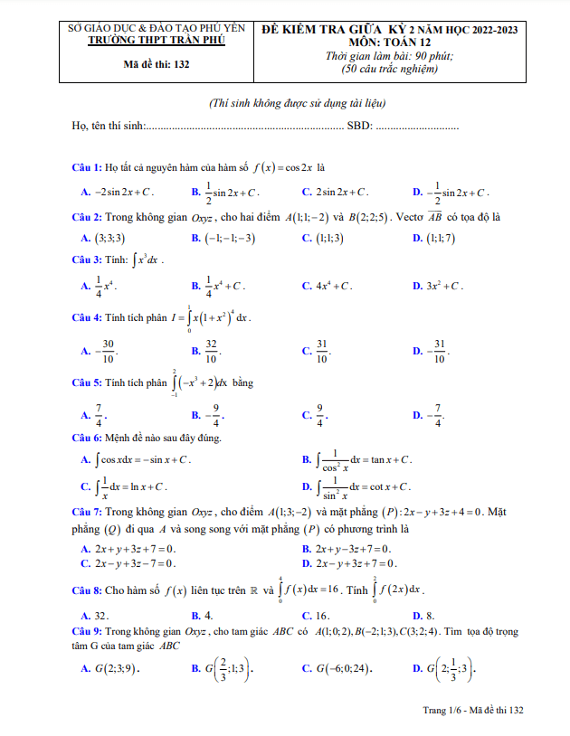 Đề giữa kỳ 2 Toán 12 năm 2022 2023 trường THPT Trần Phú Phú Yên