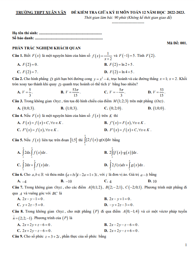Đề giữa kỳ 2 Toán 12 năm 2022 2023 trường THPT Xuân Vân Tuyên Quang