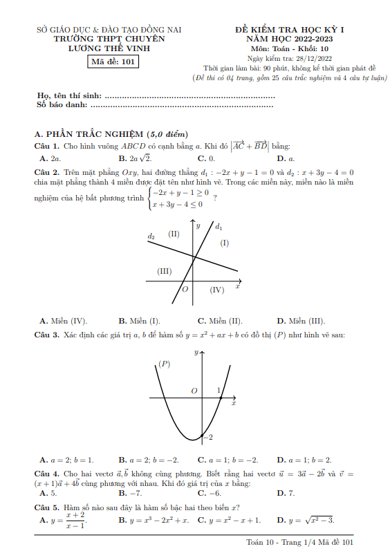 Đề học kì 1 Toán 10 năm 2022 2023 trường chuyên Lương Thế Vinh Đồng Nai