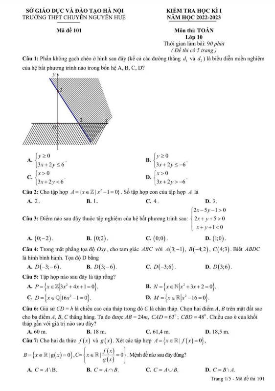 Đề học kì 1 Toán 10 năm 2022 2023 trường chuyên Nguyễn Huệ Hà Nội