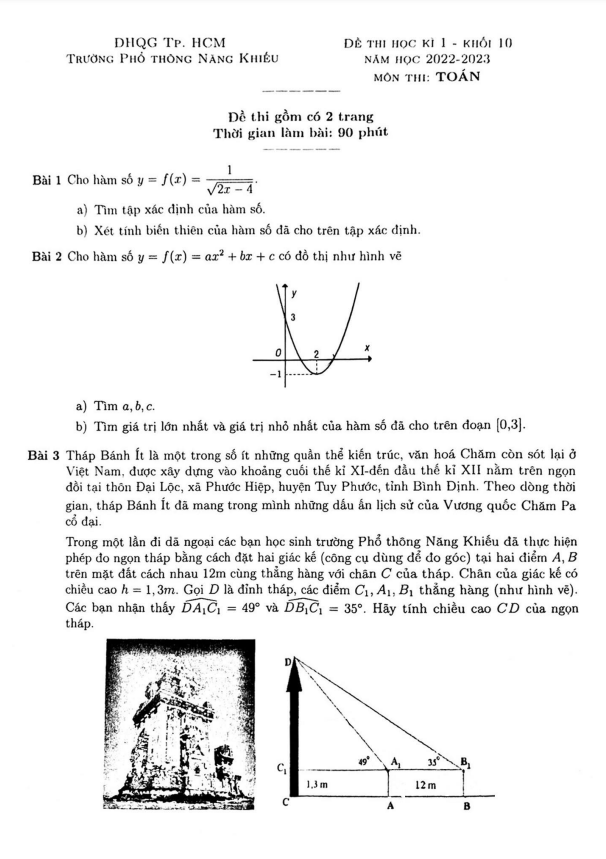 Đề học kì 1 Toán 10 năm 2022 2023 trường Phổ thông Năng khiếu TP HCM