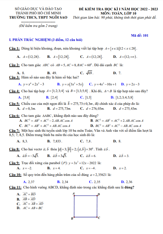 Đề học kì 1 Toán 10 năm 2022 2023 trường THCS&THPT Ngôi Sao TP HCM