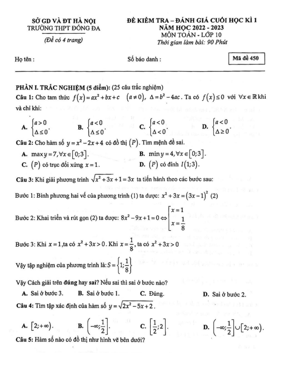 Đề học kì 1 Toán 10 năm 2022 2023 trường THPT Đống Đa Hà Nội