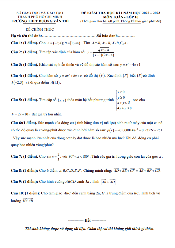 Đề học kì 1 Toán 10 năm 2022 2023 trường THPT Dương Văn Thì TP HCM