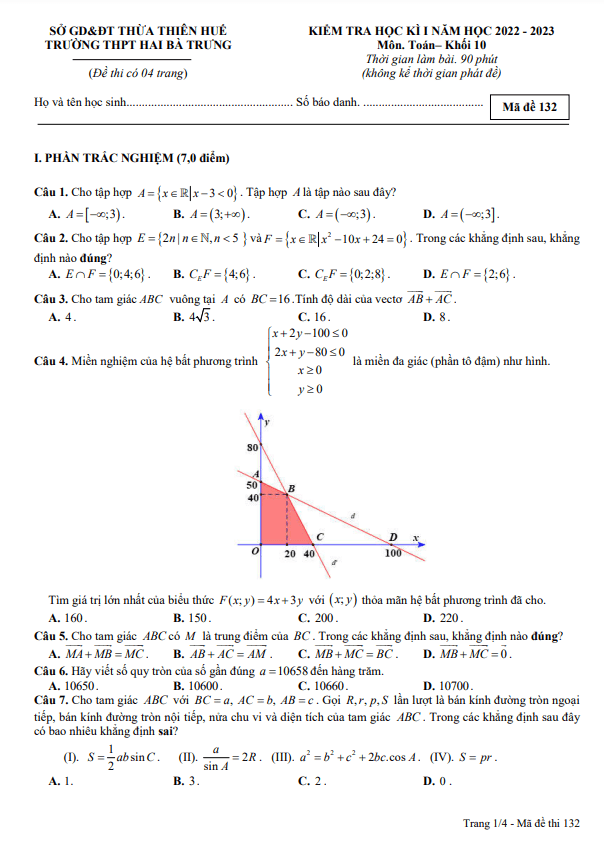 Đề học kì 1 Toán 10 năm 2022 2023 trường THPT Hai Bà Trưng TT Huế