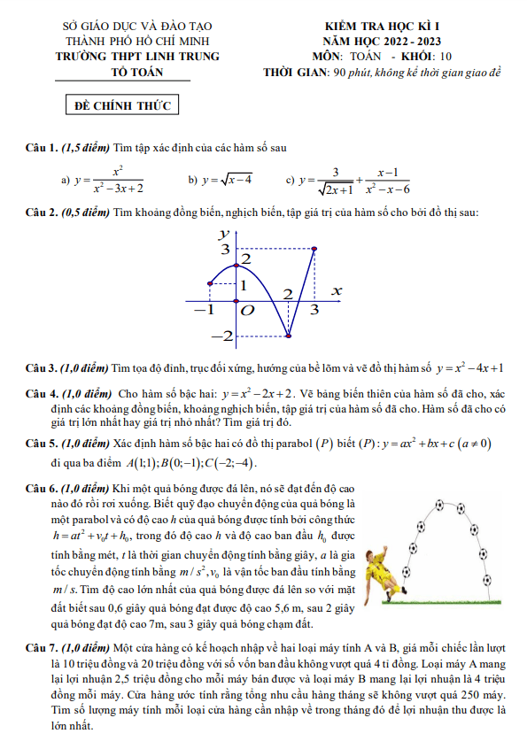 Đề học kì 1 Toán 10 năm 2022 2023 trường THPT Linh Trung TP HCM