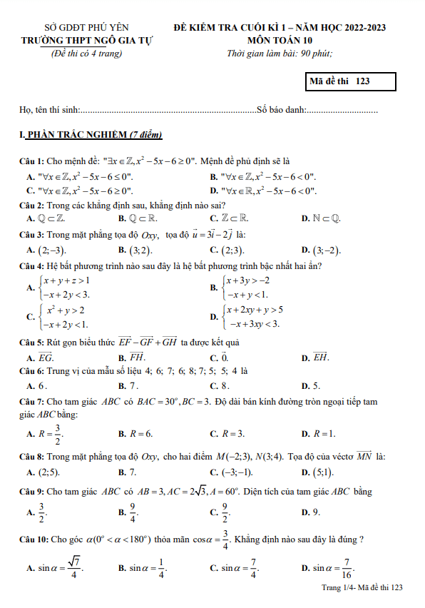 Đề học kì 1 Toán 10 năm 2022 2023 trường THPT Ngô Gia Tự Phú Yên