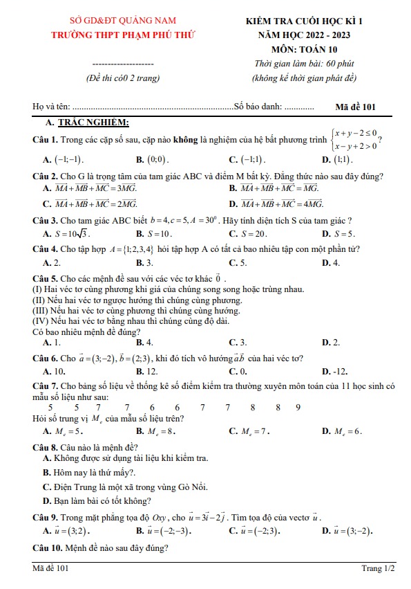 Đề học kì 1 Toán 10 năm 2022 2023 trường THPT Phạm Phú Thứ Quảng Nam
