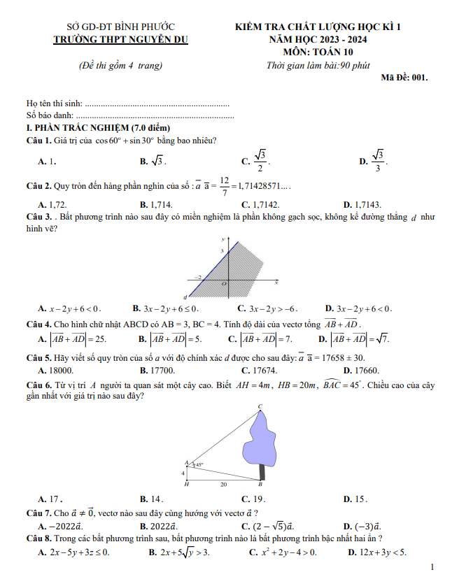 Đề học kì 1 Toán 10 năm 2023 2024 trường THPT Nguyễn Du Bình Phước