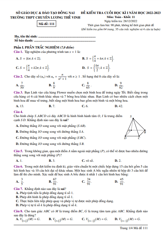 Đề học kì 1 Toán 11 năm 2022 2023 trường chuyên Lương Thế Vinh Đồng Nai