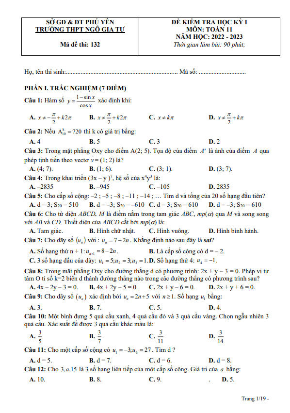 Đề học kì 1 Toán 11 năm 2022 2023 trường THPT Ngô Gia Tự Phú Yên
