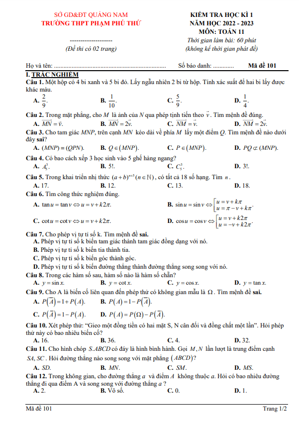 Đề học kì 1 Toán 11 năm 2022 2023 trường THPT Phạm Phú Thứ Quảng Nam