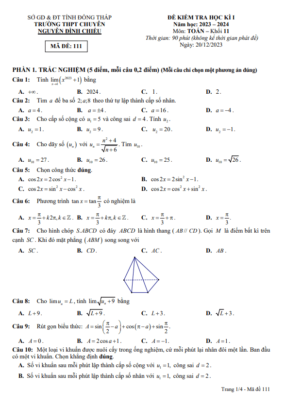 Đề học kì 1 Toán 11 năm 2023 2024 trường chuyên Nguyễn Đình Chiểu Đồng Tháp