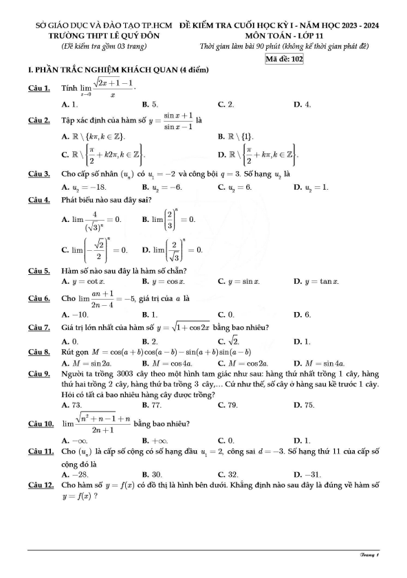 Đề học kì 1 Toán 11 năm 2023 2024 trường THPT Lê Quý Đôn TP HCM