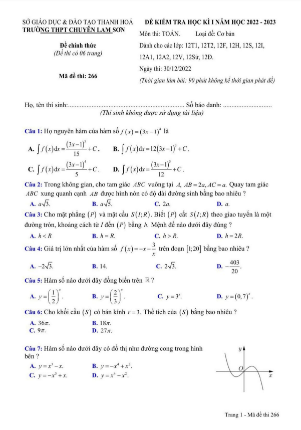 Đề học kì 1 Toán 12 năm 2022 2023 trường chuyên Lam Sơn Thanh Hóa