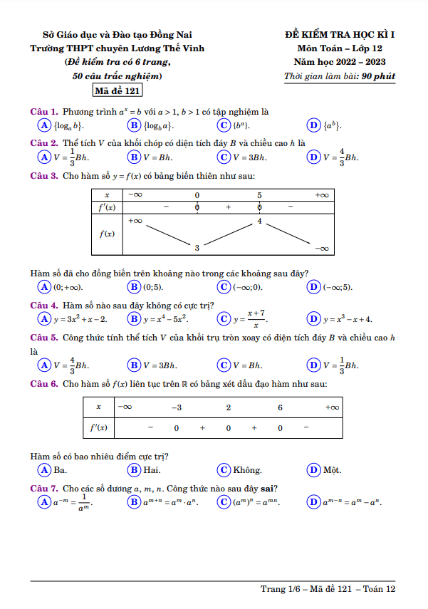 Đề học kì 1 Toán 12 năm 2022 2023 trường chuyên Lương Thế Vinh Đồng Nai